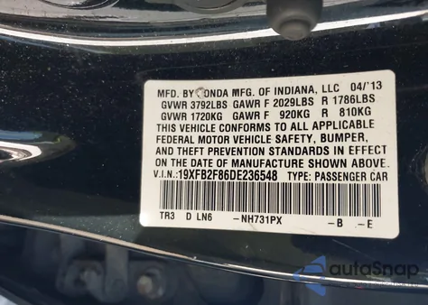2013 Honda Civic Ex from USA, damaged, VIN 19XFB2F86DE236548